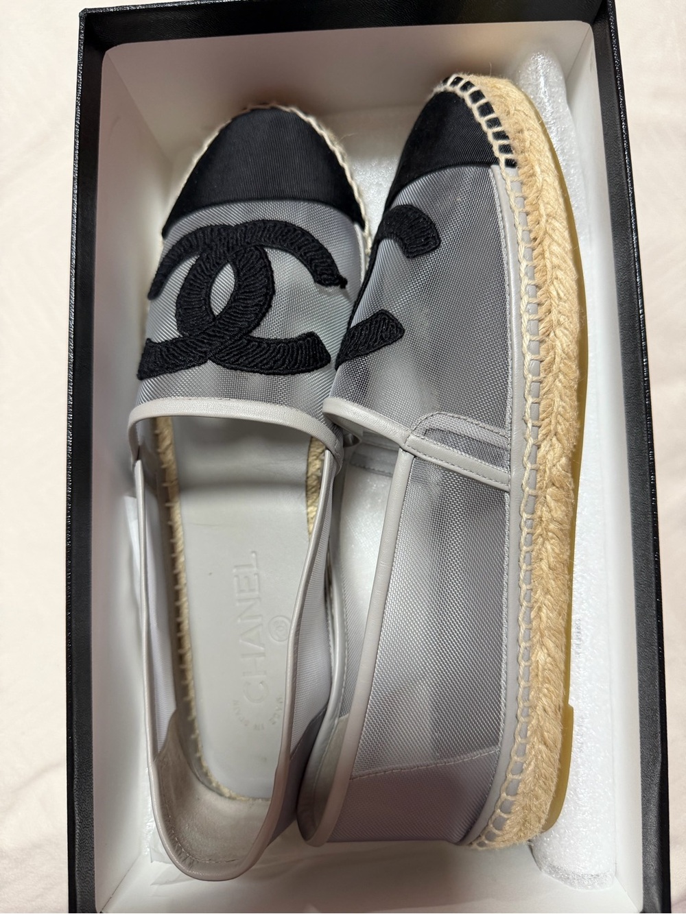 AUTHENTIC CHANEL Black & Gray Mesh Espadrilles with Jute Sole